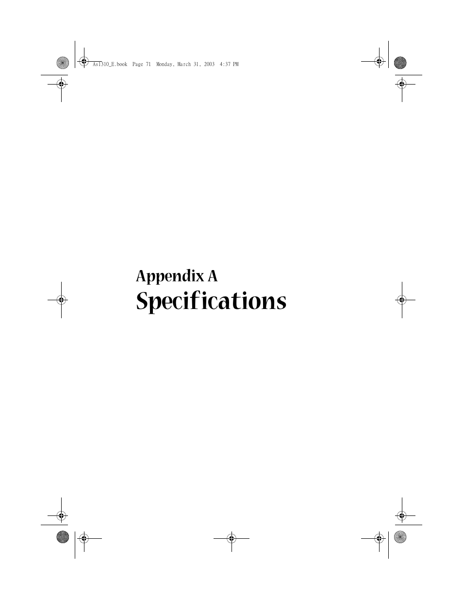 Appendix a specifications, Specifications | Acer 1400 Series User Manual | Page 81 / 100