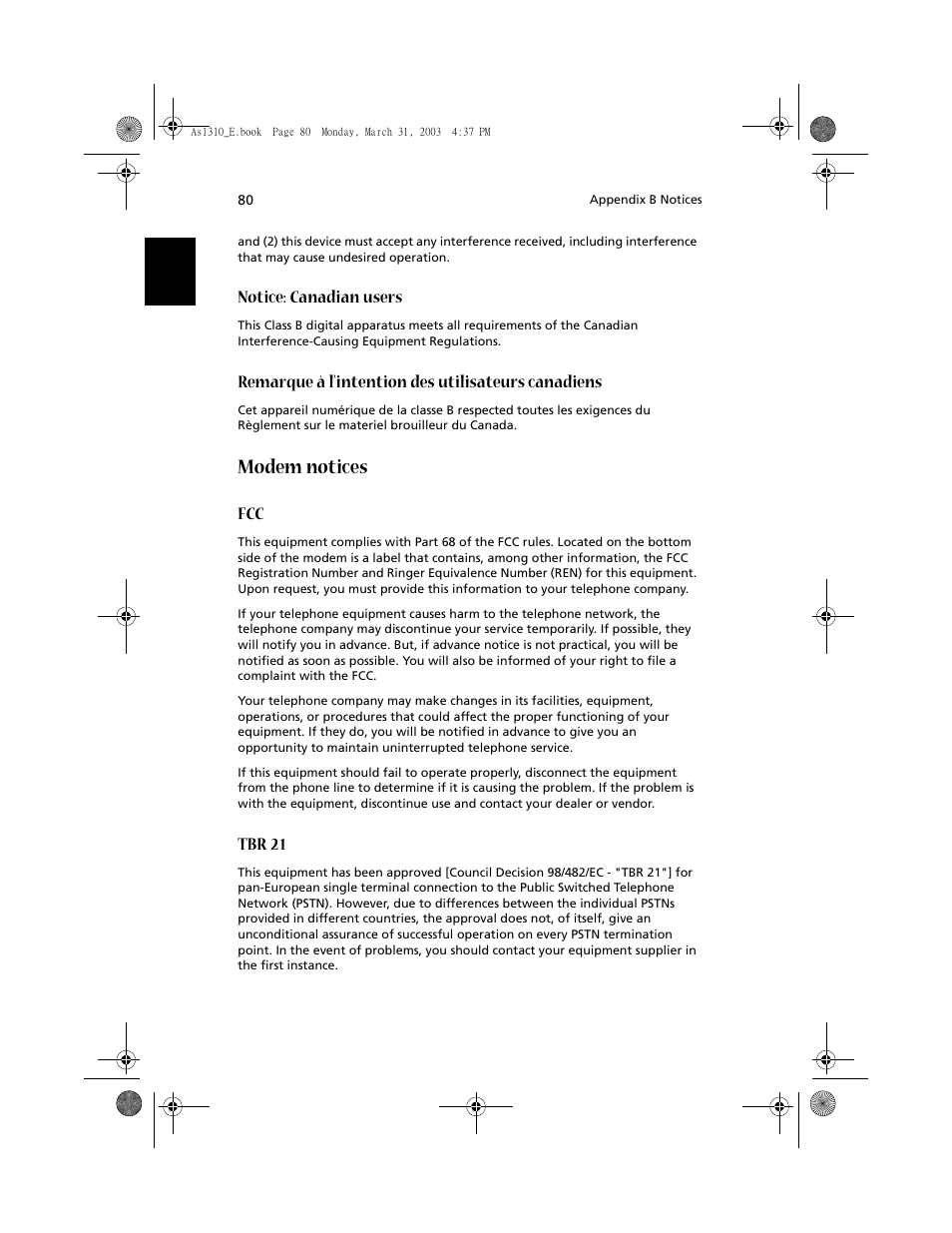 Modem notices, Notice: canadian users, Remarque à l’intention des utilisateurs canadiens | Tbr 21 | Acer 1400 Series User Manual | Page 90 / 100