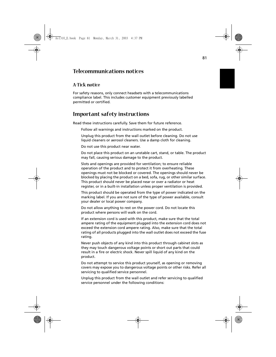 Telecommunications notices, Important safety instructions, A-tick notice | Acer 1400 Series User Manual | Page 91 / 100