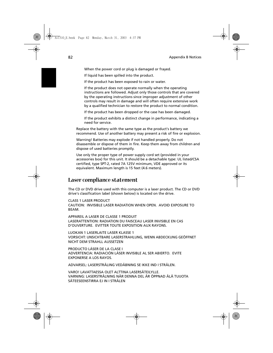 Laser compliance statement | Acer 1400 Series User Manual | Page 92 / 100