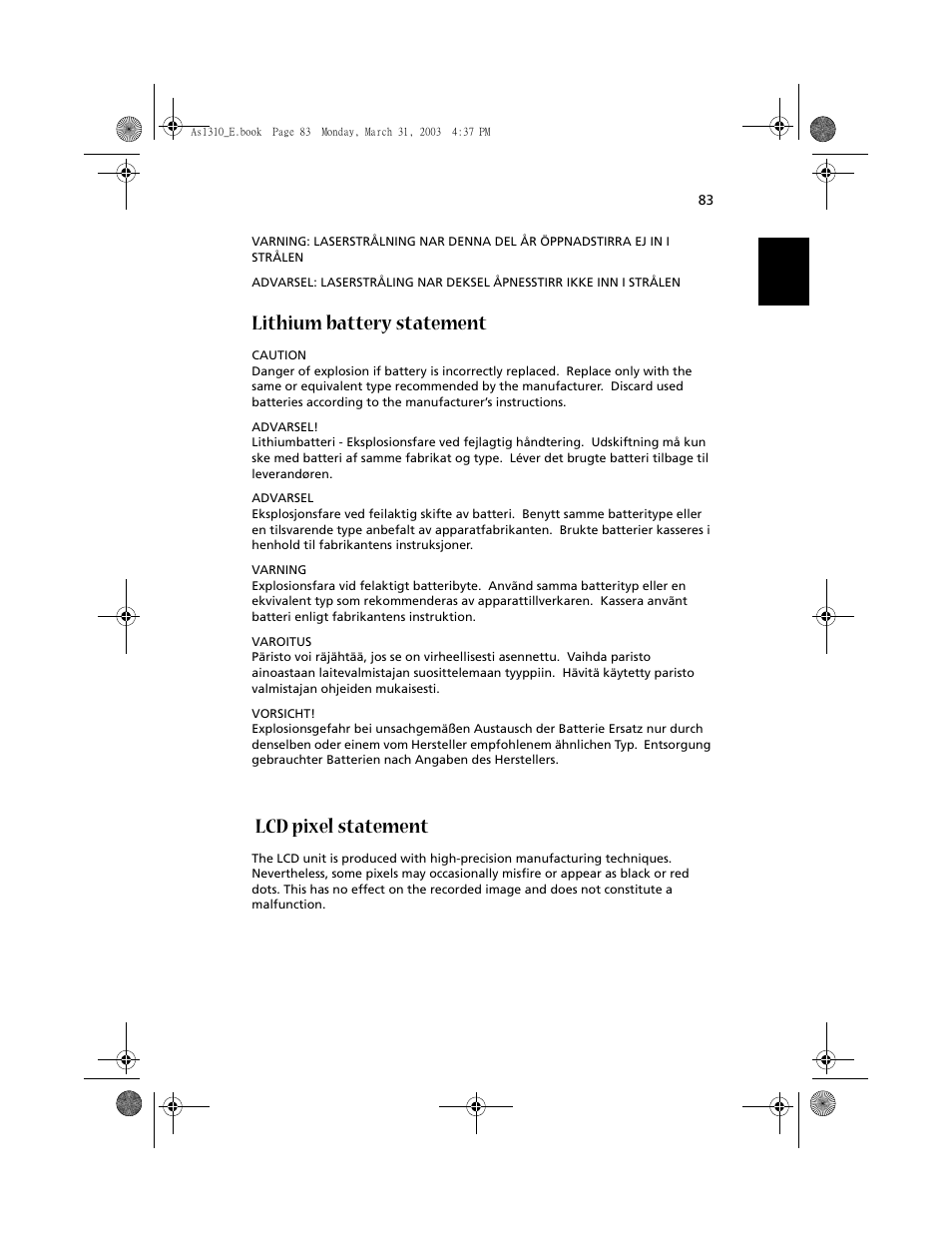 Lithium battery statement, Lcd pixel statement | Acer 1400 Series User Manual | Page 93 / 100