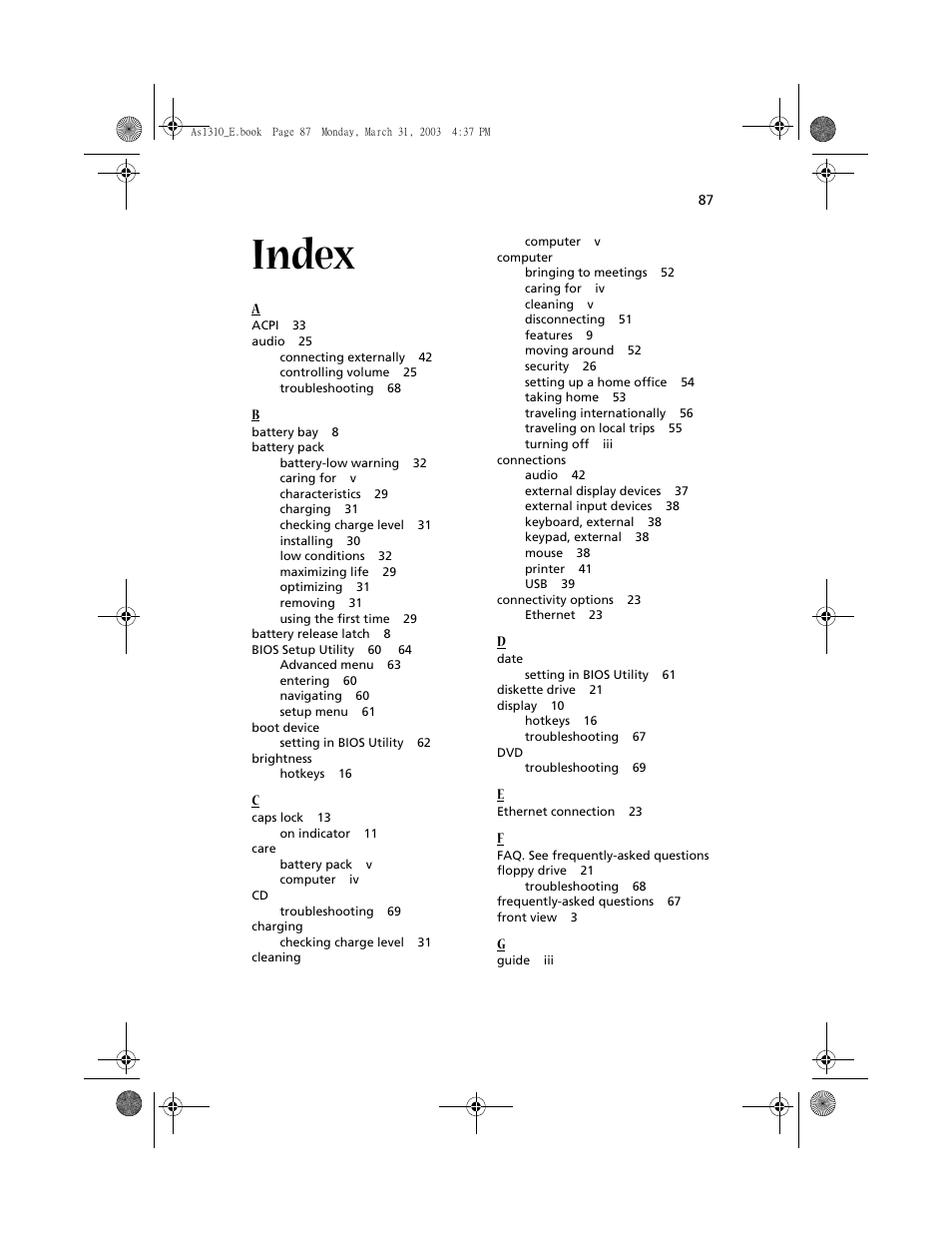 Index | Acer 1400 Series User Manual | Page 97 / 100