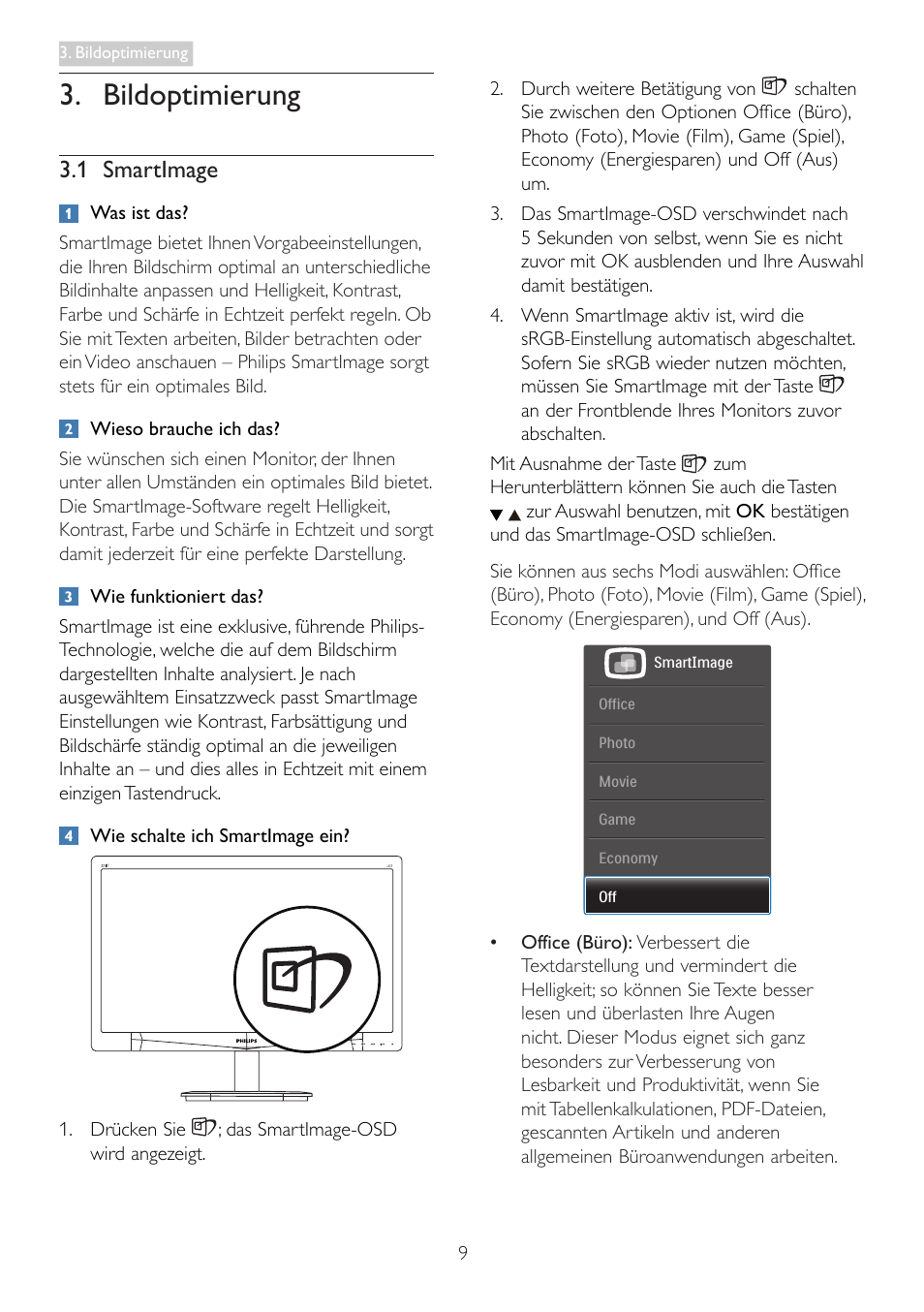 Bildoptimierung, 1 smartimage | Philips LCD-Monitor mit LED-Hintergrundbeleuchtung User Manual | Page 11 / 41