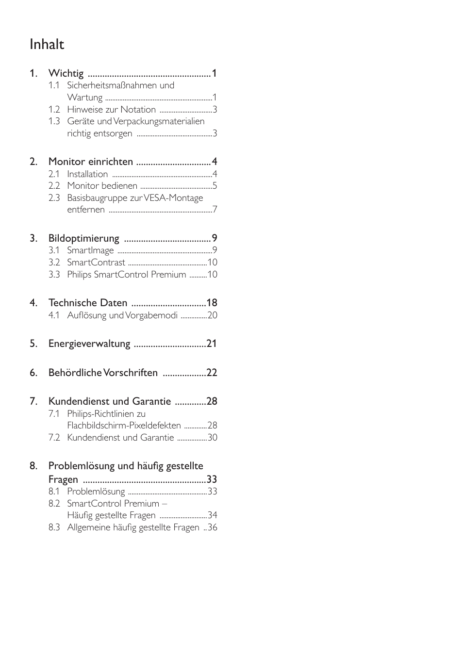 Inhalt | Philips LCD-Monitor mit LED-Hintergrundbeleuchtung User Manual | Page 2 / 41