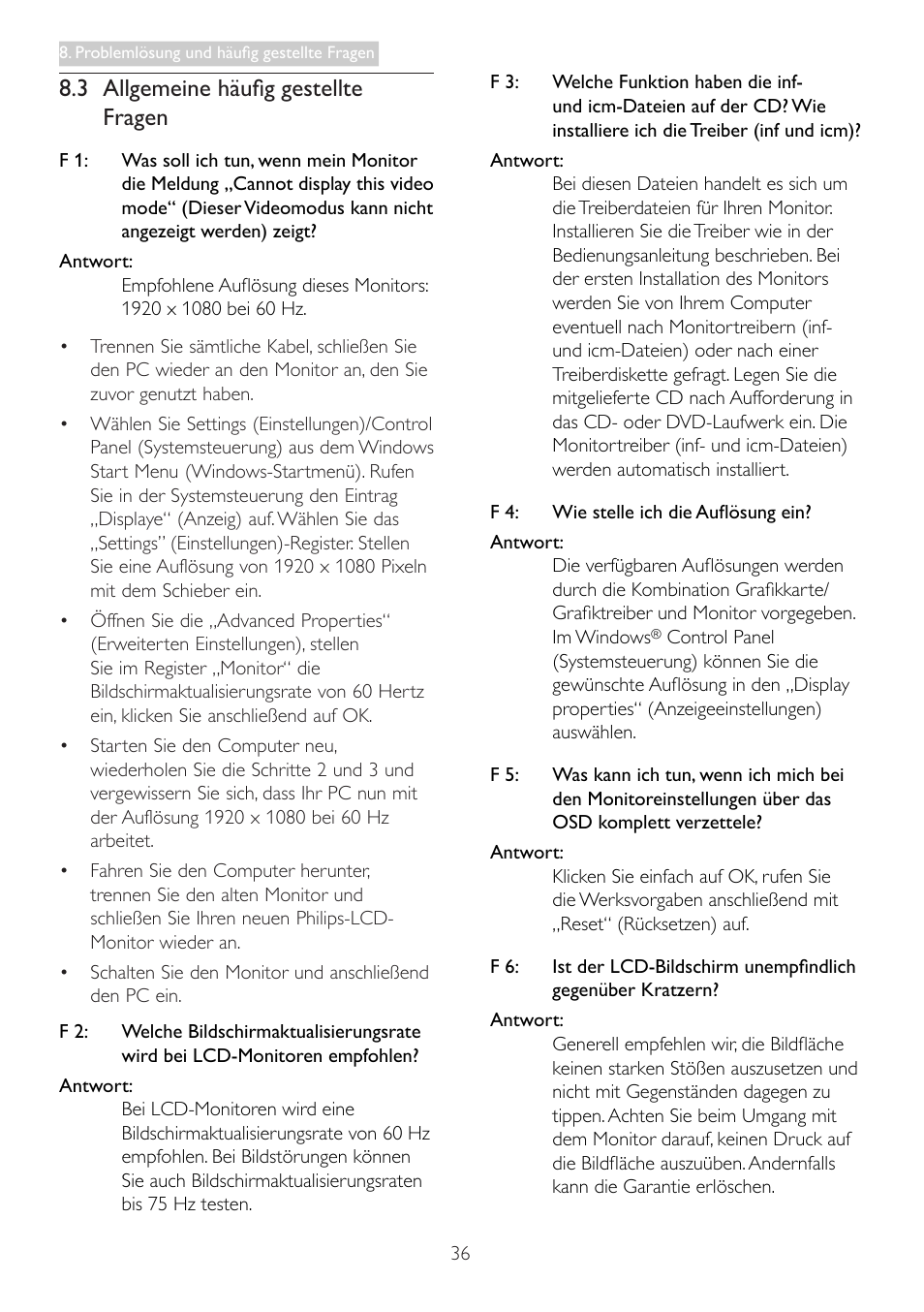 3 allgemeine häufig gestellte fragen | Philips LCD-Monitor mit LED-Hintergrundbeleuchtung User Manual | Page 38 / 41