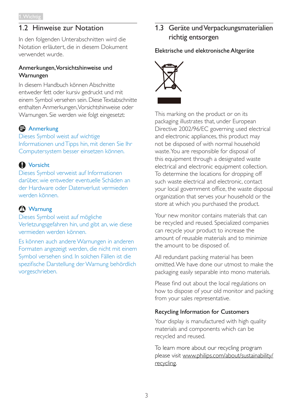 2 hinweise zur notation, 3 geräte und verpackungsmaterialien, Richtig entsorgen | Philips LCD-Monitor mit LED-Hintergrundbeleuchtung User Manual | Page 5 / 41