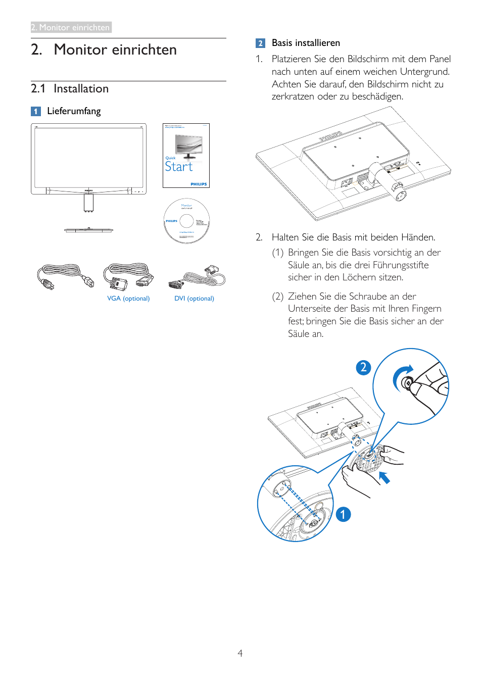Monitor einrichten, 1 installation | Philips LCD-Monitor mit LED-Hintergrundbeleuchtung User Manual | Page 6 / 41