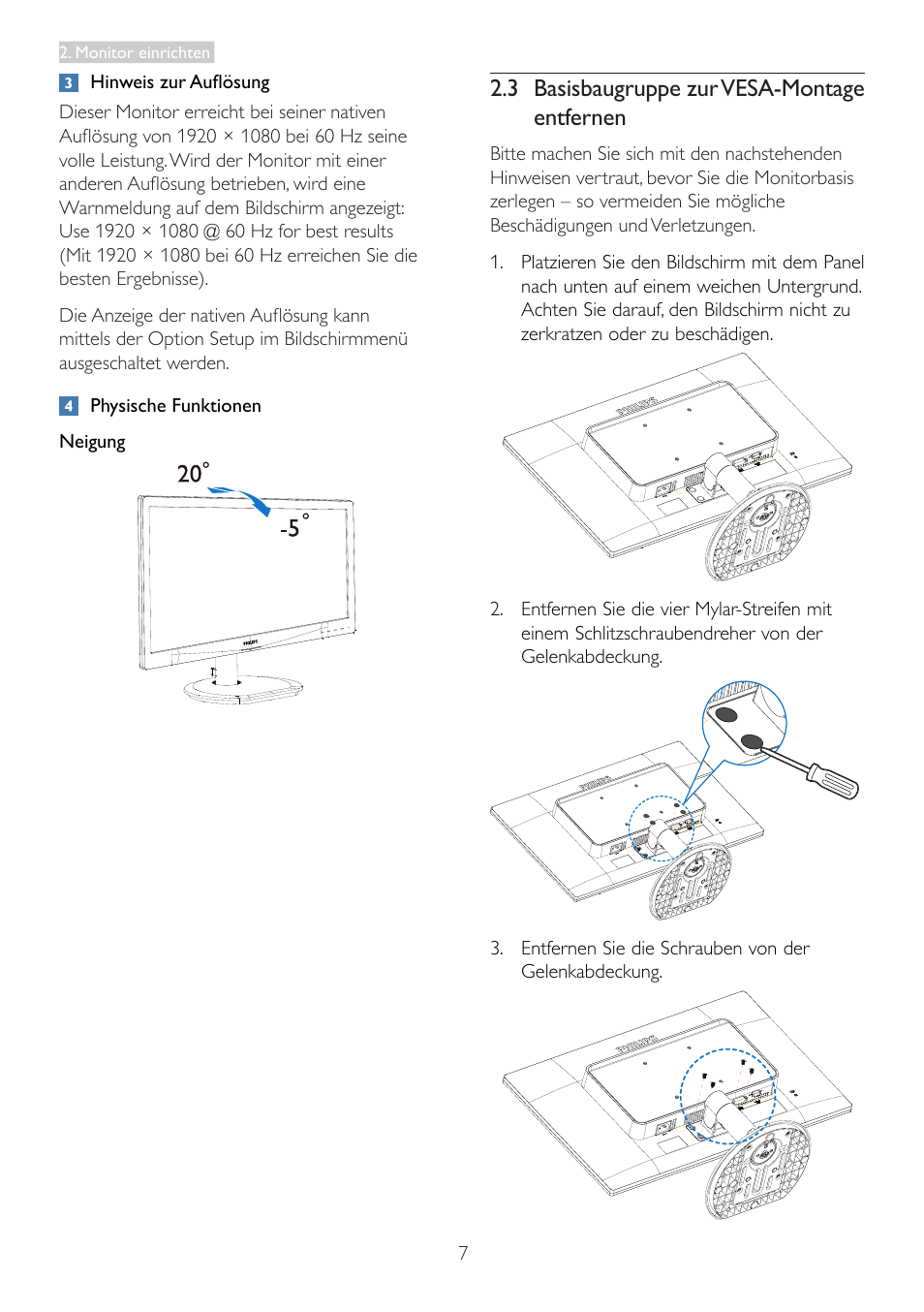 3 basisbaugruppe zur vesa-montage entfernen, 3 basisbaugruppe zur vesa-montage, Entfernen | Philips LCD-Monitor mit LED-Hintergrundbeleuchtung User Manual | Page 9 / 41