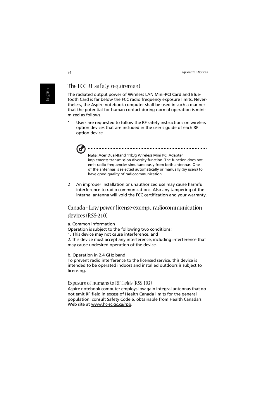 The fcc rf safety requirement, Exposure of humans to rf fields (rss-102) | Acer 2010 User Manual | Page 104 / 108