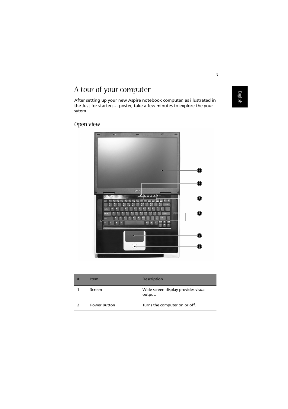 A tour of your computer, Open view | Acer 2010 User Manual | Page 13 / 108