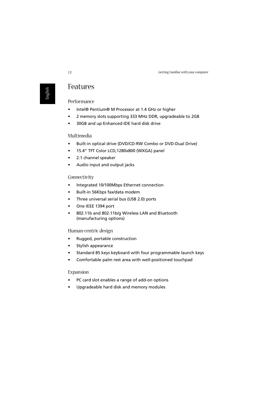 Features, Performance, Multimedia | Connectivity, Human-centric design, Expansion | Acer 2010 User Manual | Page 22 / 108