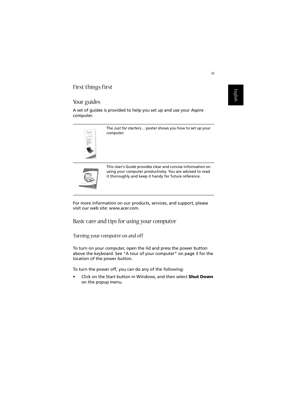 First things first, Your guides, Basic care and tips for using your computer | First things first your guides | Acer 2010 User Manual | Page 3 / 108