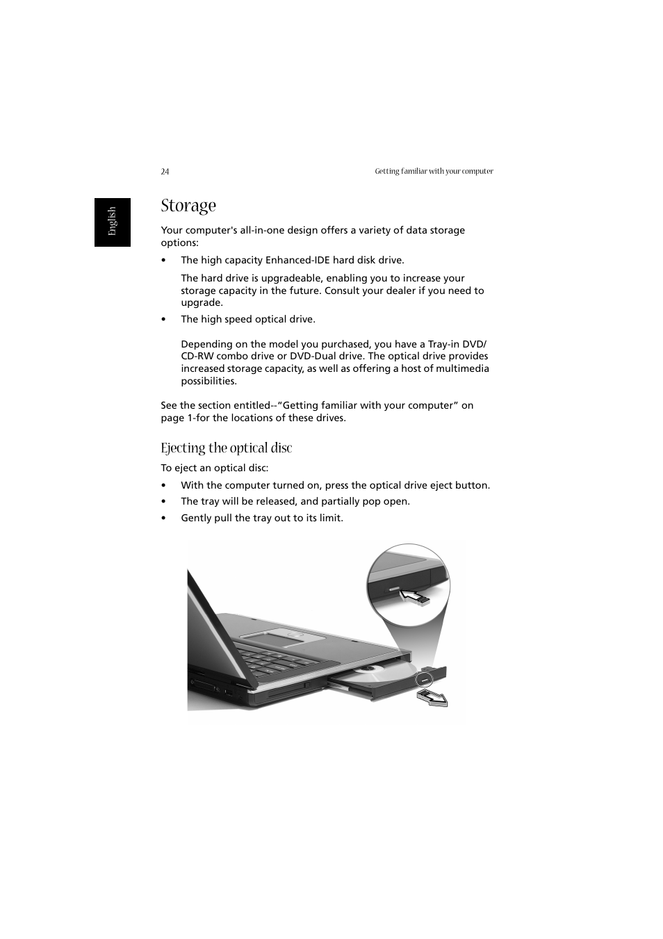 Storage, Ejecting the optical disc | Acer 2010 User Manual | Page 34 / 108