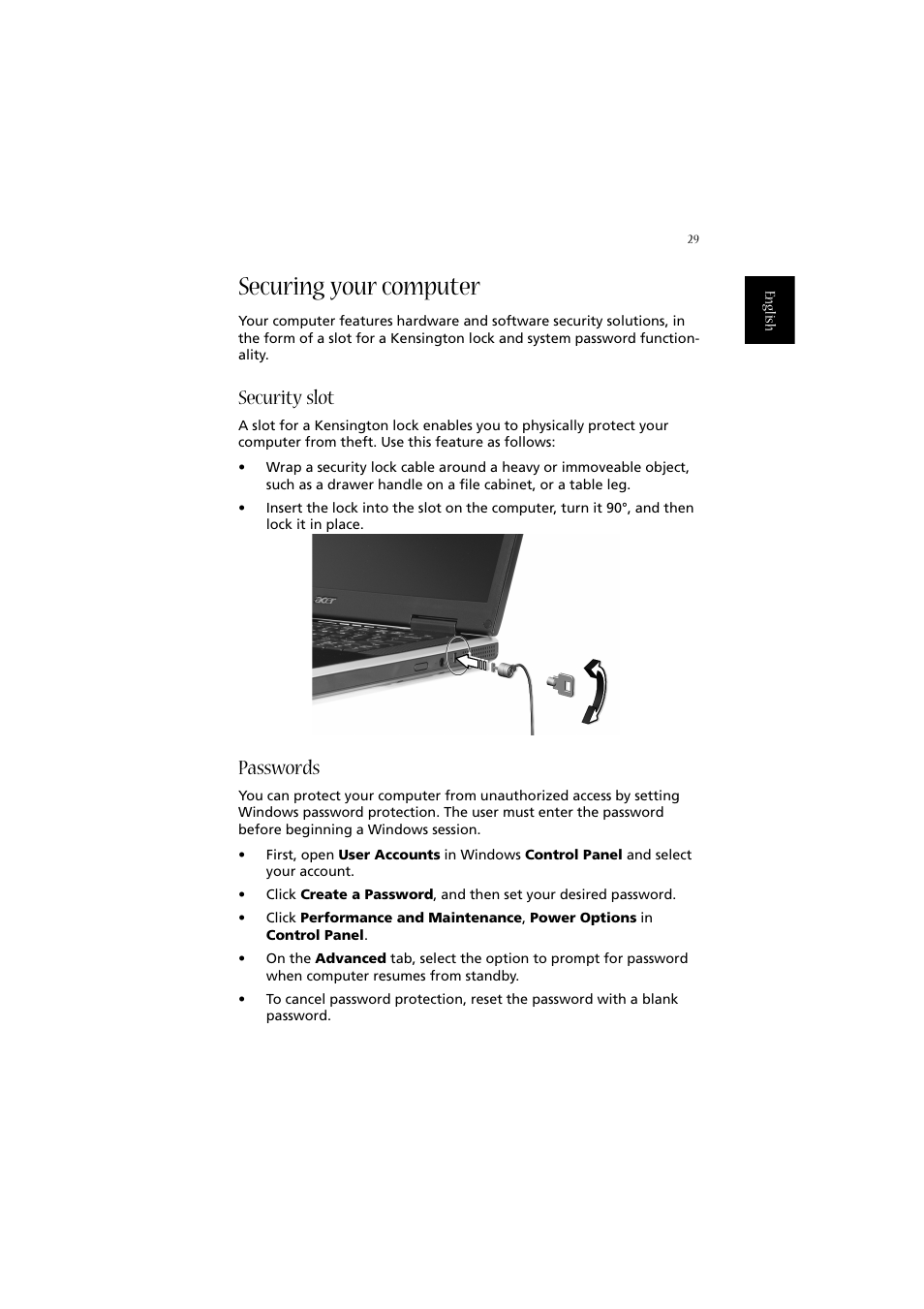 Securing your computer, Security slot, Passwords | Acer 2010 User Manual | Page 39 / 108