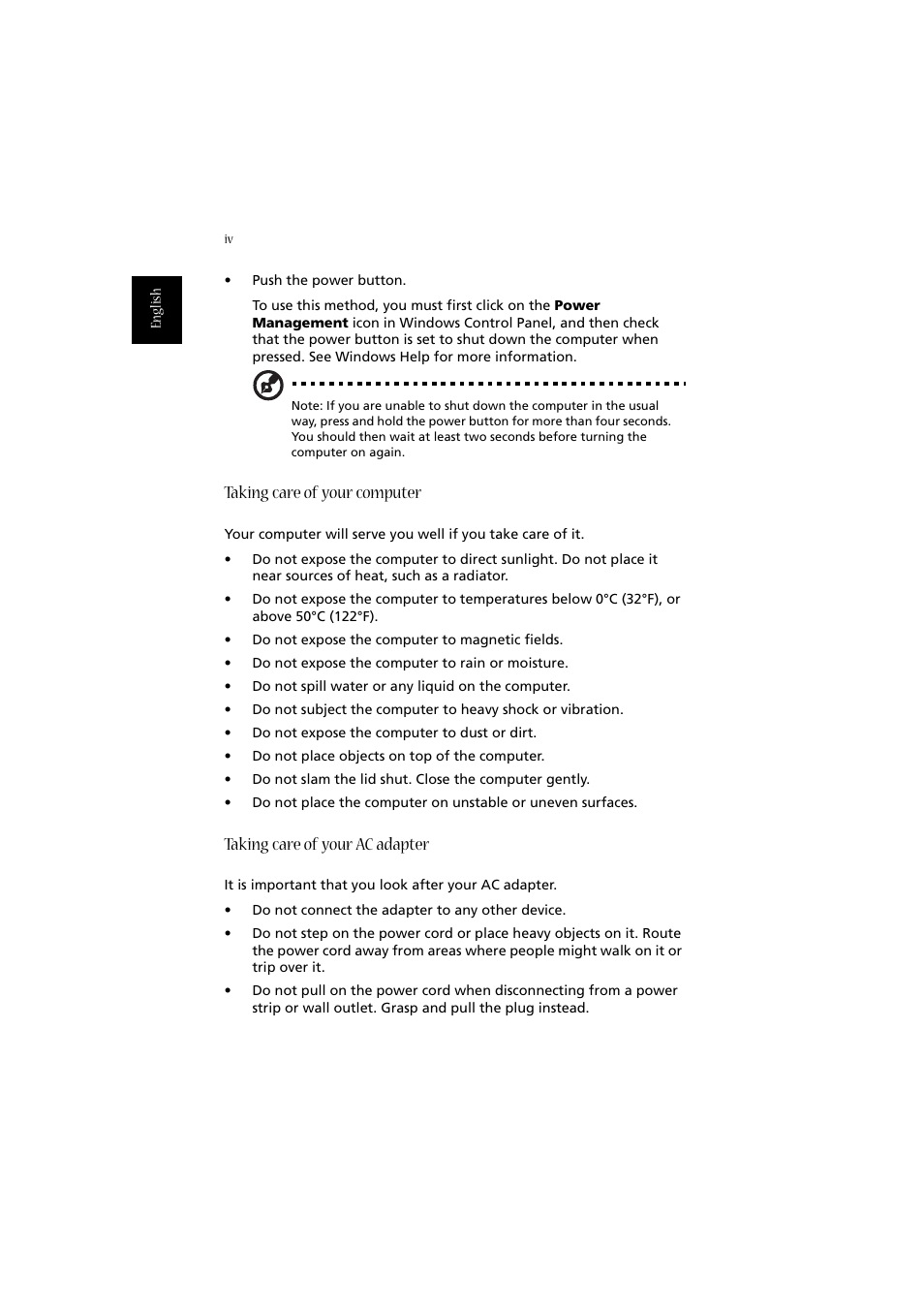 Taking care of your computer, Taking care of your ac adapter | Acer 2010 User Manual | Page 4 / 108