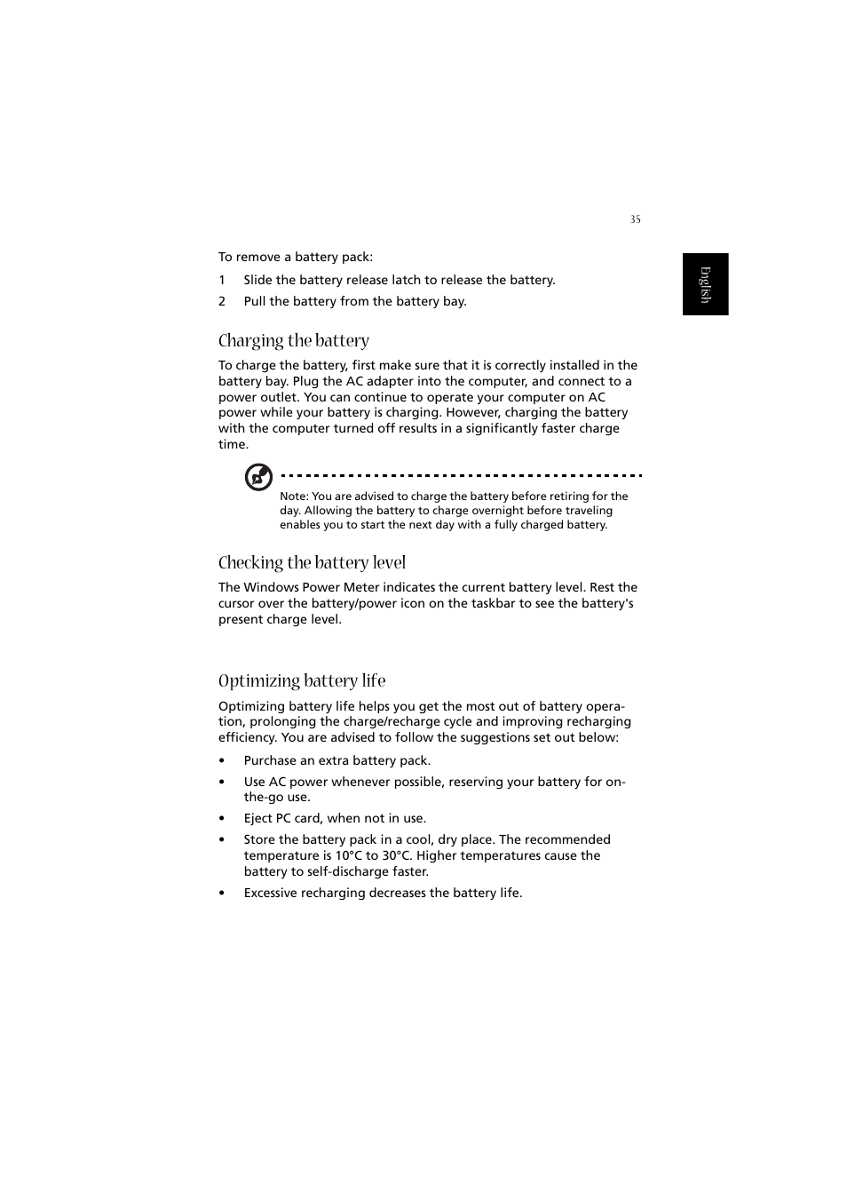 Charging the battery, Checking the battery level, Optimizing battery life | Acer 2010 User Manual | Page 45 / 108