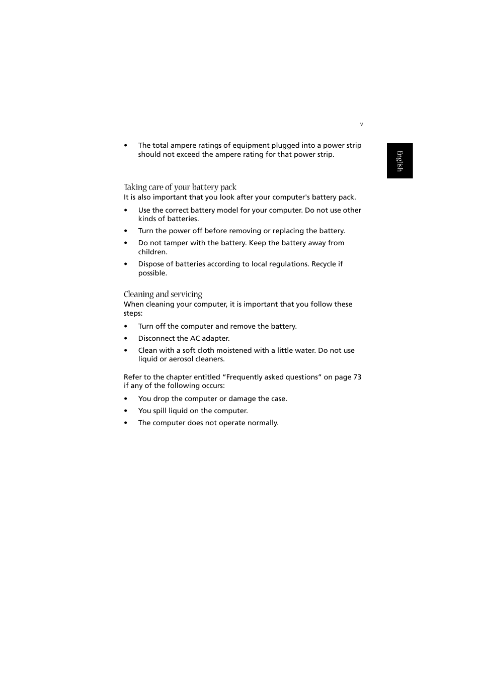 Taking care of your battery pack, Cleaning and servicing | Acer 2010 User Manual | Page 5 / 108