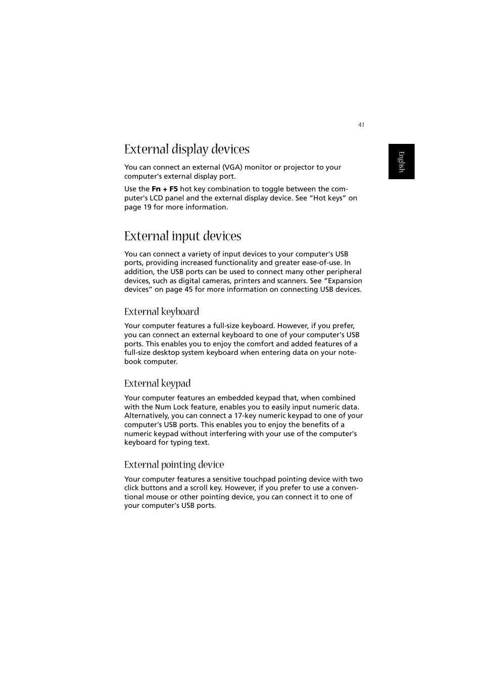 External display devices, External input devices, External keyboard | External keypad, External pointing device | Acer 2010 User Manual | Page 51 / 108