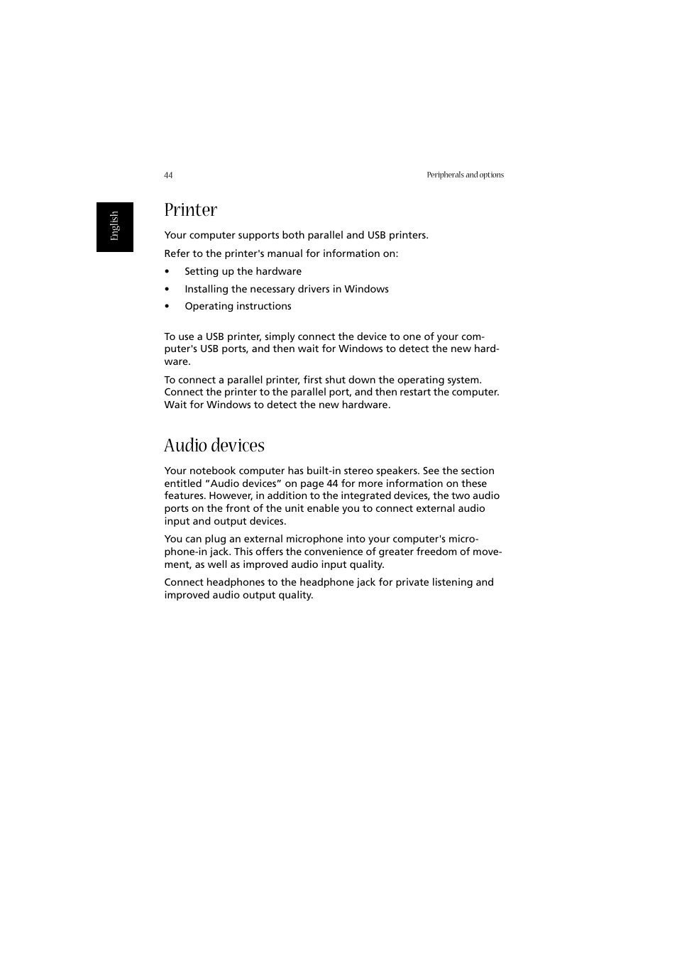 Printer, Audio devices | Acer 2010 User Manual | Page 54 / 108