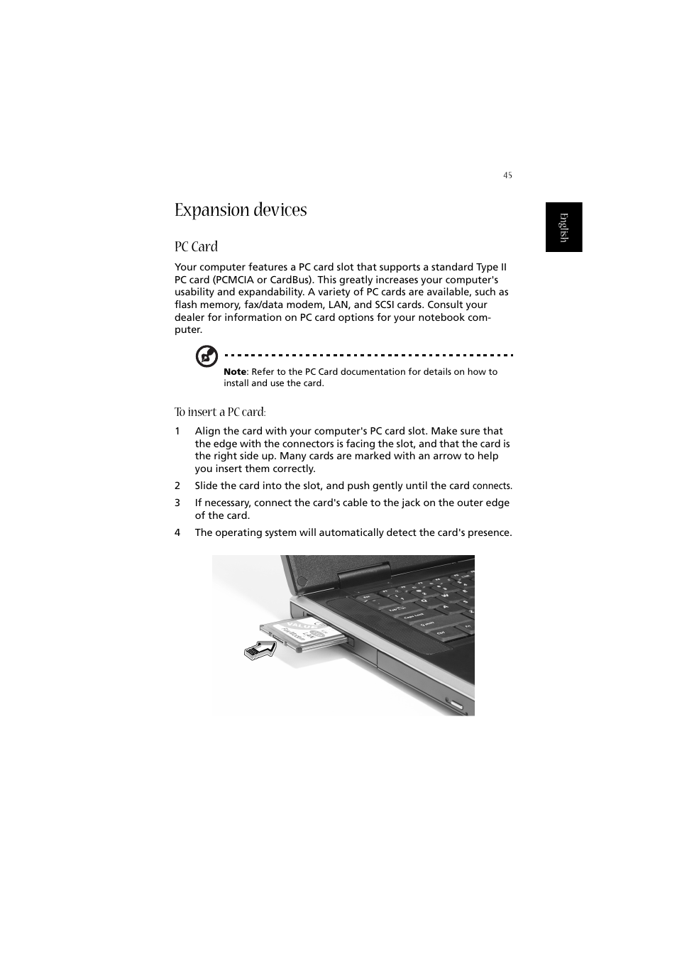 Expansion devices, Pc card, To insert a pc card | Acer 2010 User Manual | Page 55 / 108