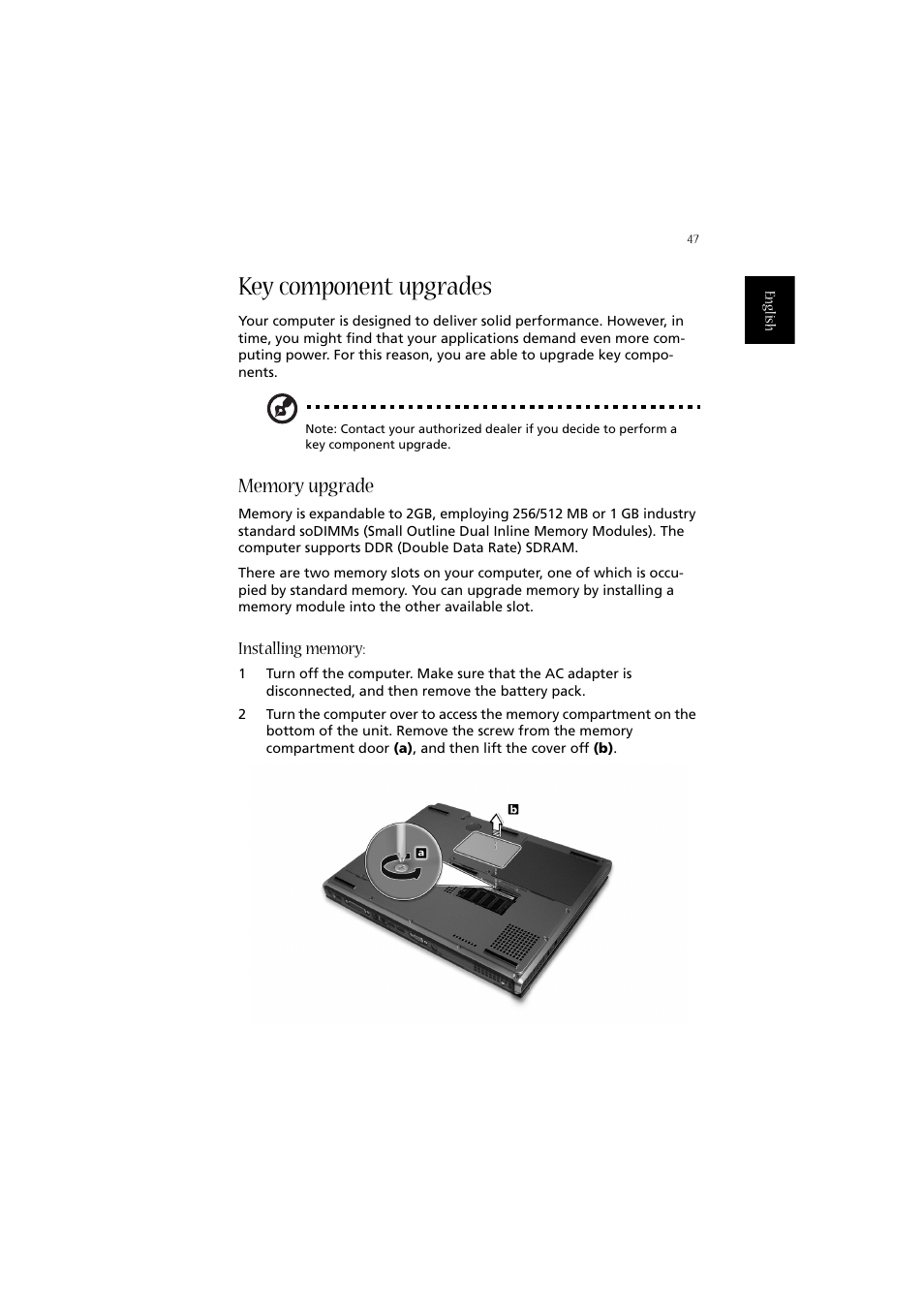 Key component upgrades, Memory upgrade, Installing memory | Acer 2010 User Manual | Page 57 / 108