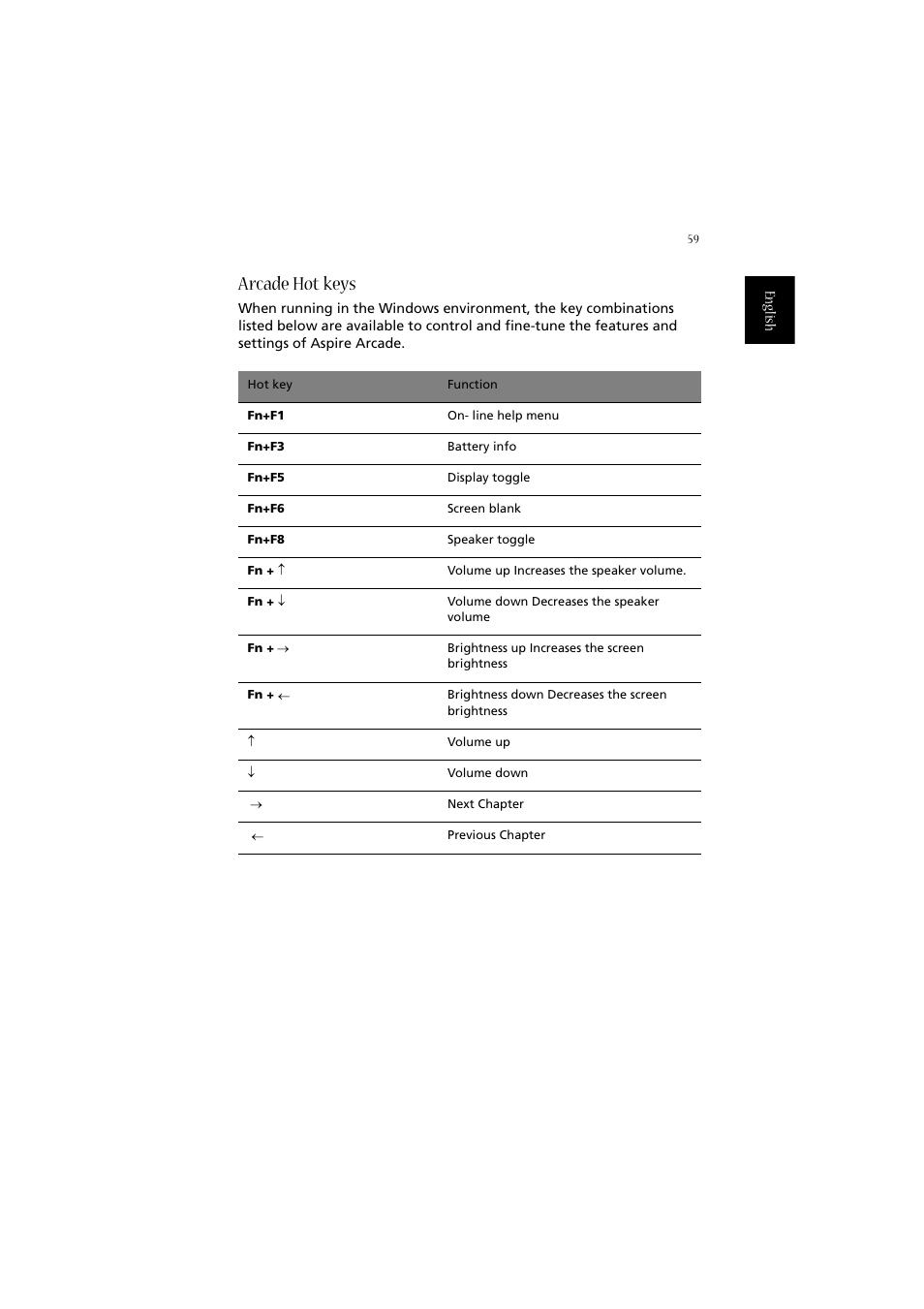 Arcade hot keys | Acer 2010 User Manual | Page 69 / 108