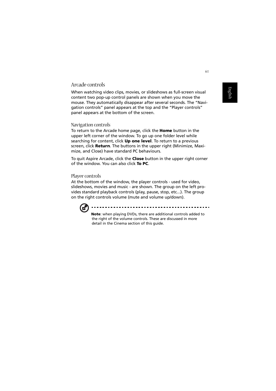 Arcade controls, Navigation controls, Player controls | Acer 2010 User Manual | Page 71 / 108