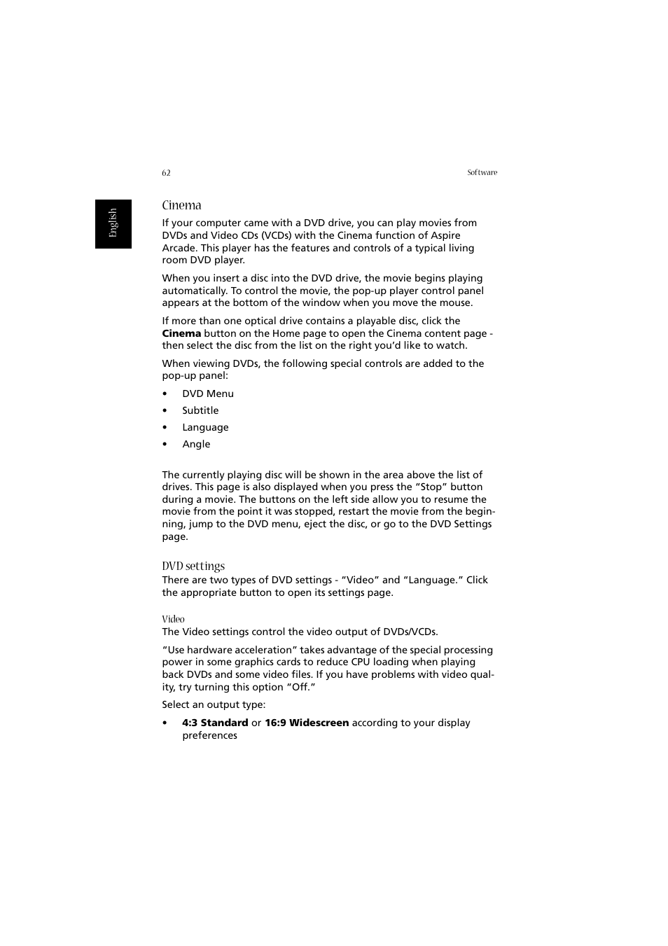 Cinema, Dvd settings | Acer 2010 User Manual | Page 72 / 108