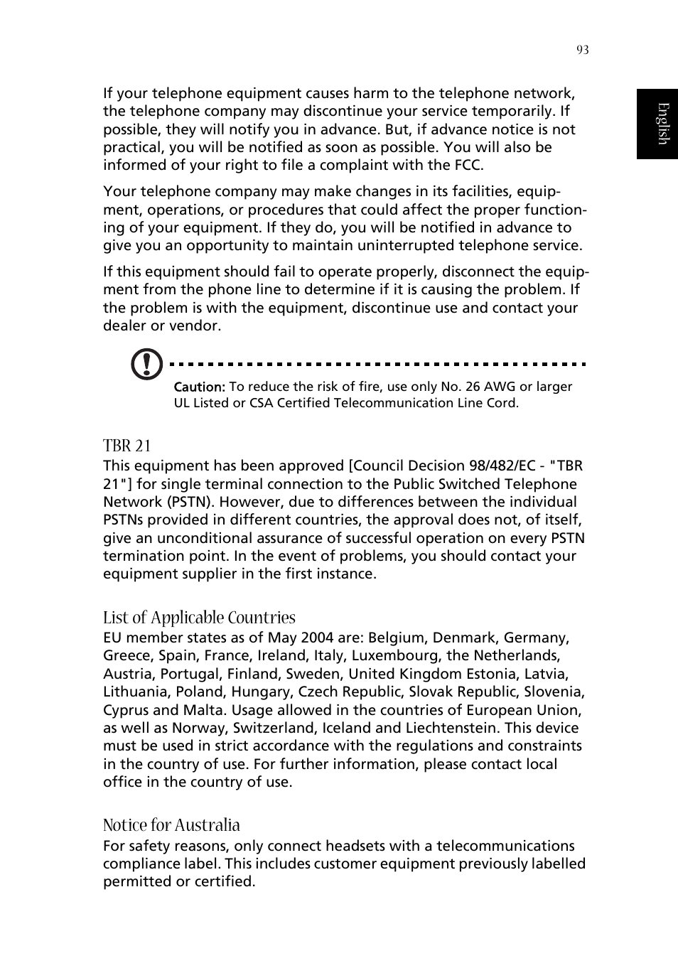 Tbr 21, List of applicable countries, Notice for australia | Acer 1670 User Manual | Page 103 / 118