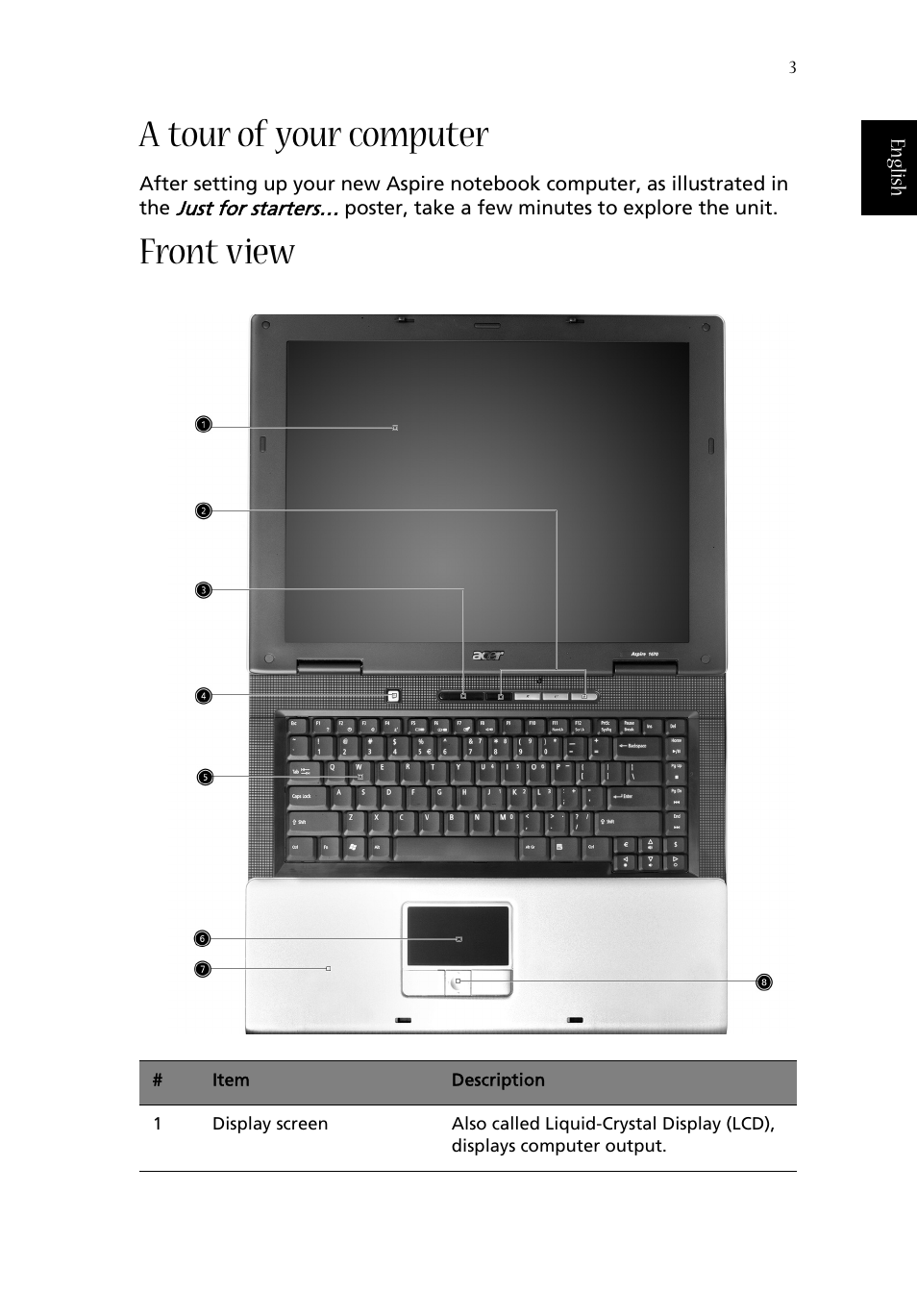 A tour of your computer, Front view | Acer 1670 User Manual | Page 13 / 118