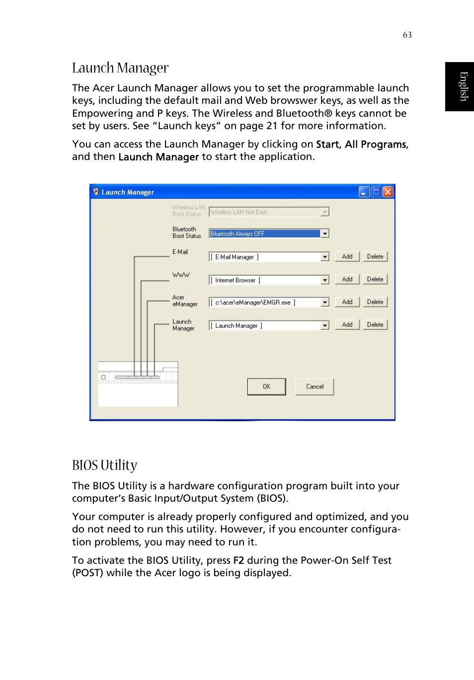 Launch manager, Bios utility | Acer 1670 User Manual | Page 73 / 118