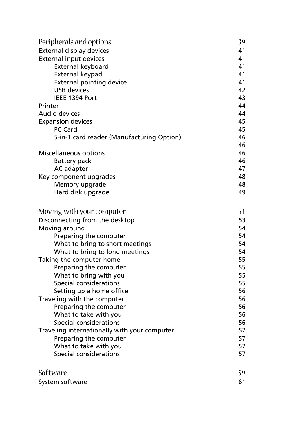 Peripherals and options 39, Moving with your computer 51, Software 59 | Acer 1670 User Manual | Page 8 / 118