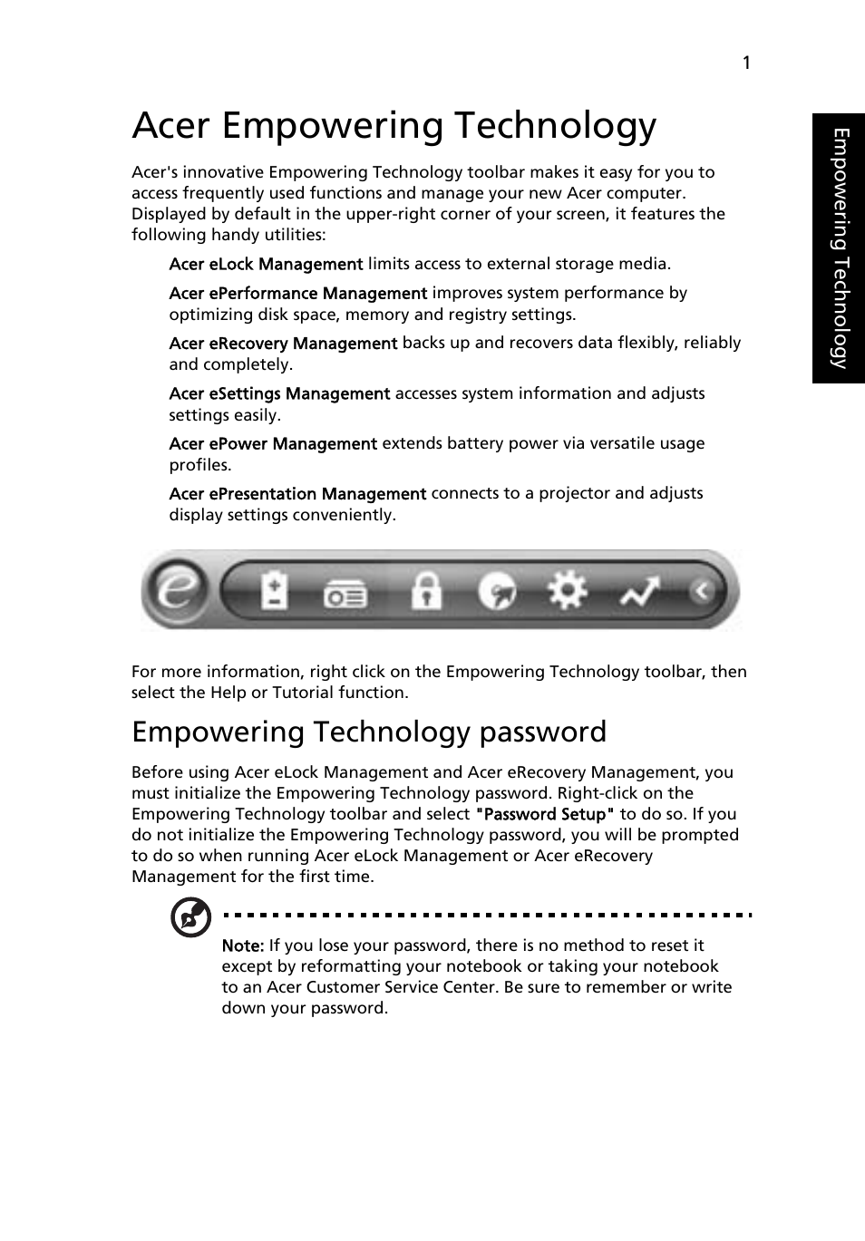 Acer empowering technology, Empowering technology password | Acer 3650 User Manual | Page 15 / 92