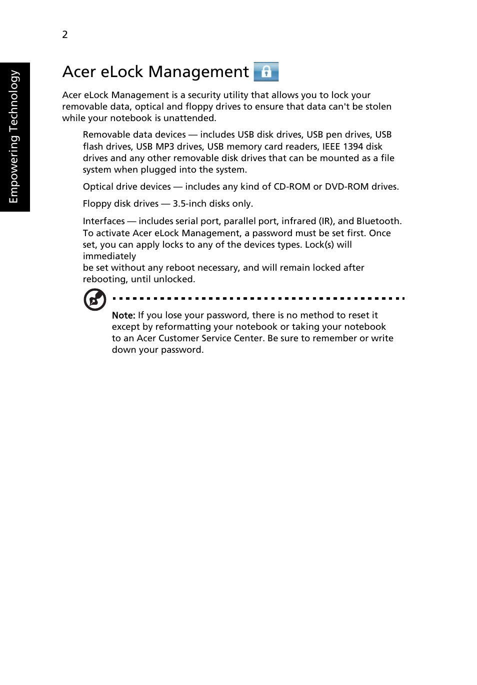 Acer elock management | Acer 3650 User Manual | Page 16 / 92
