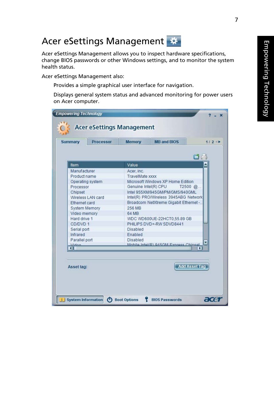 Acer esettings management | Acer 3650 User Manual | Page 21 / 92