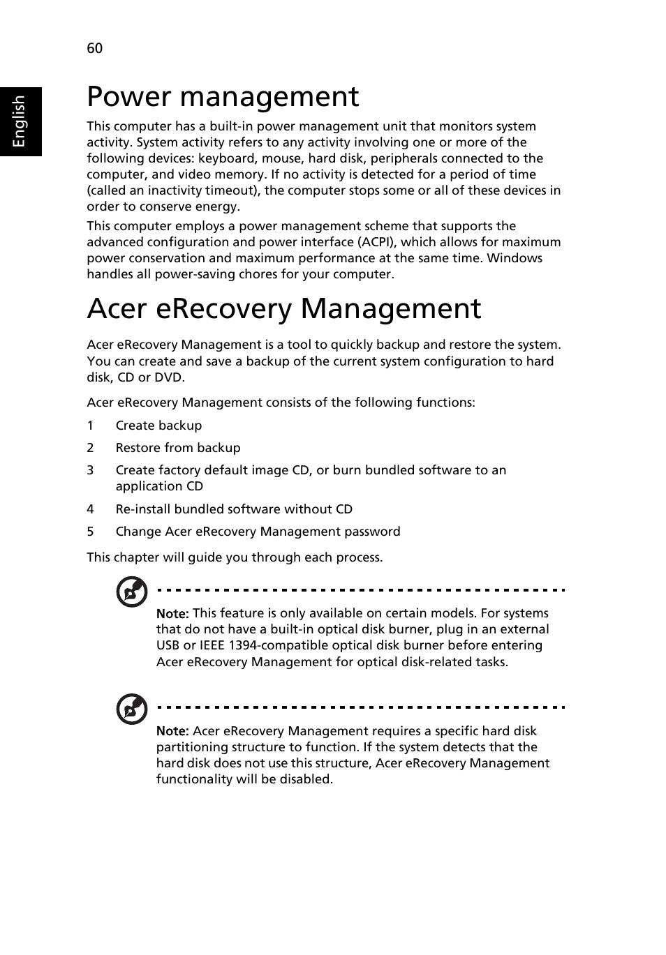 Power management, Acer erecovery management | Acer 3650 User Manual | Page 74 / 92