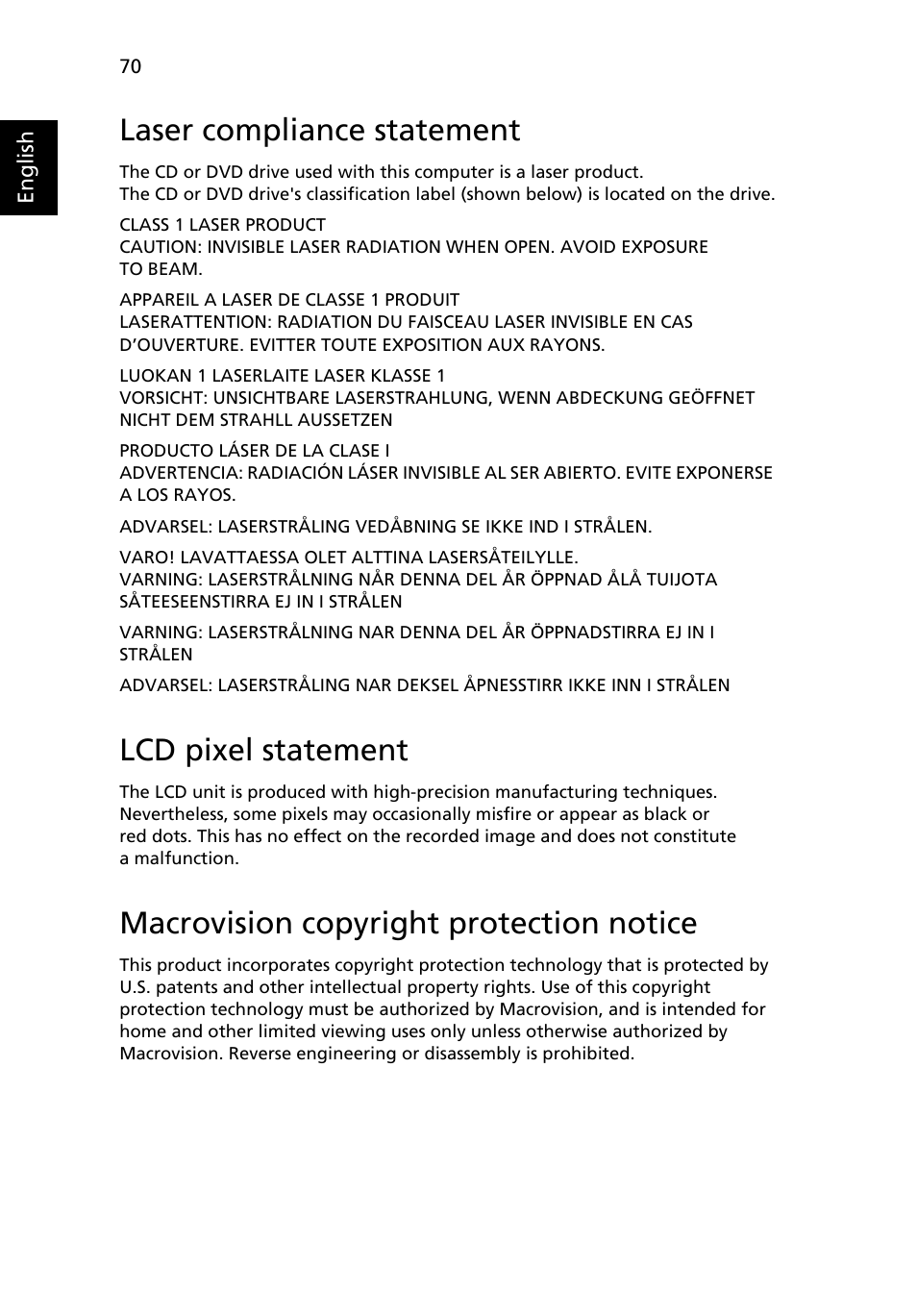 Laser compliance statement, Lcd pixel statement, Macrovision copyright protection notice | Acer 3650 User Manual | Page 84 / 92
