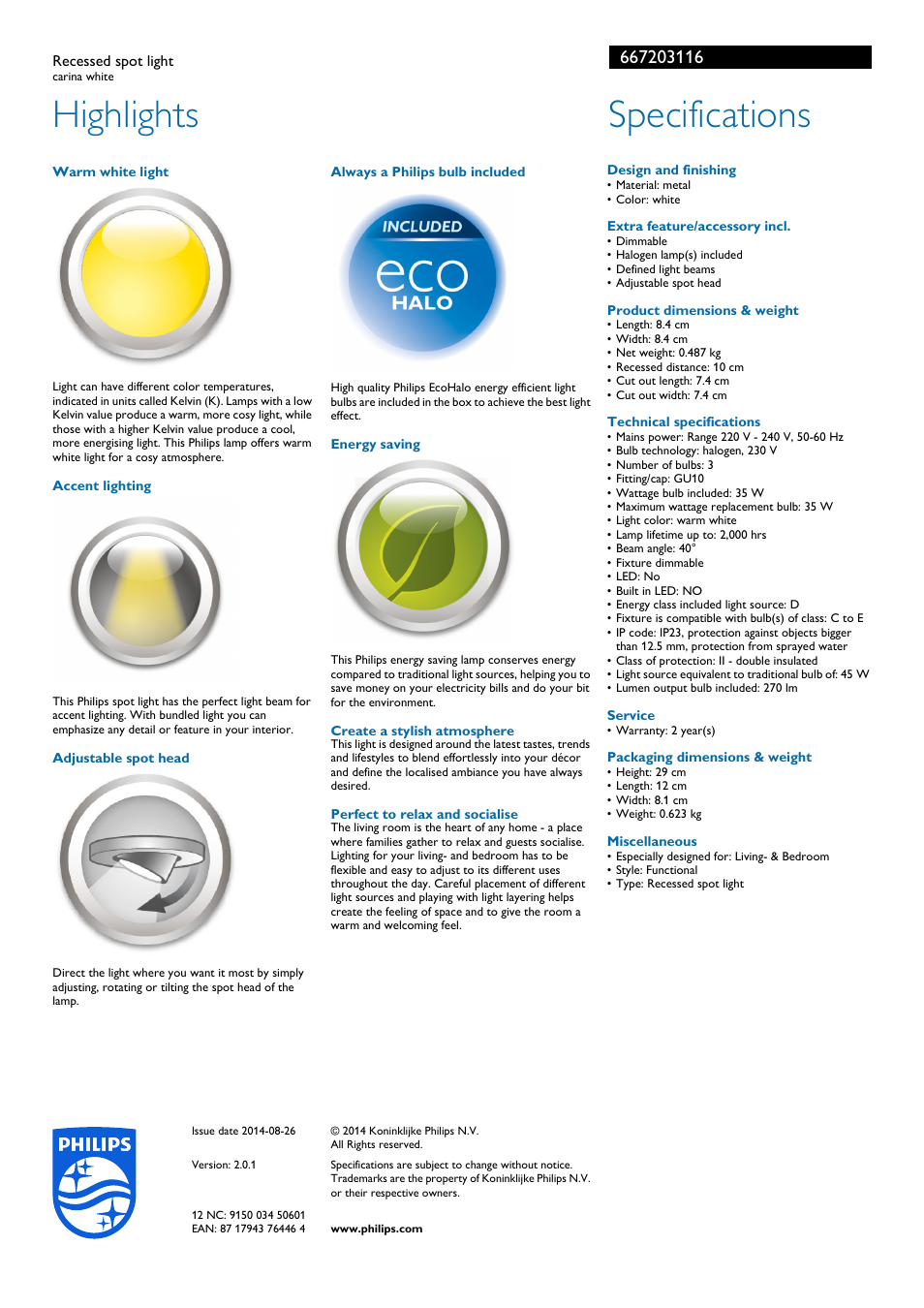 Highlights, Specifications | Philips SMARTSPOT Einbauspot User Manual | Page 2 / 2