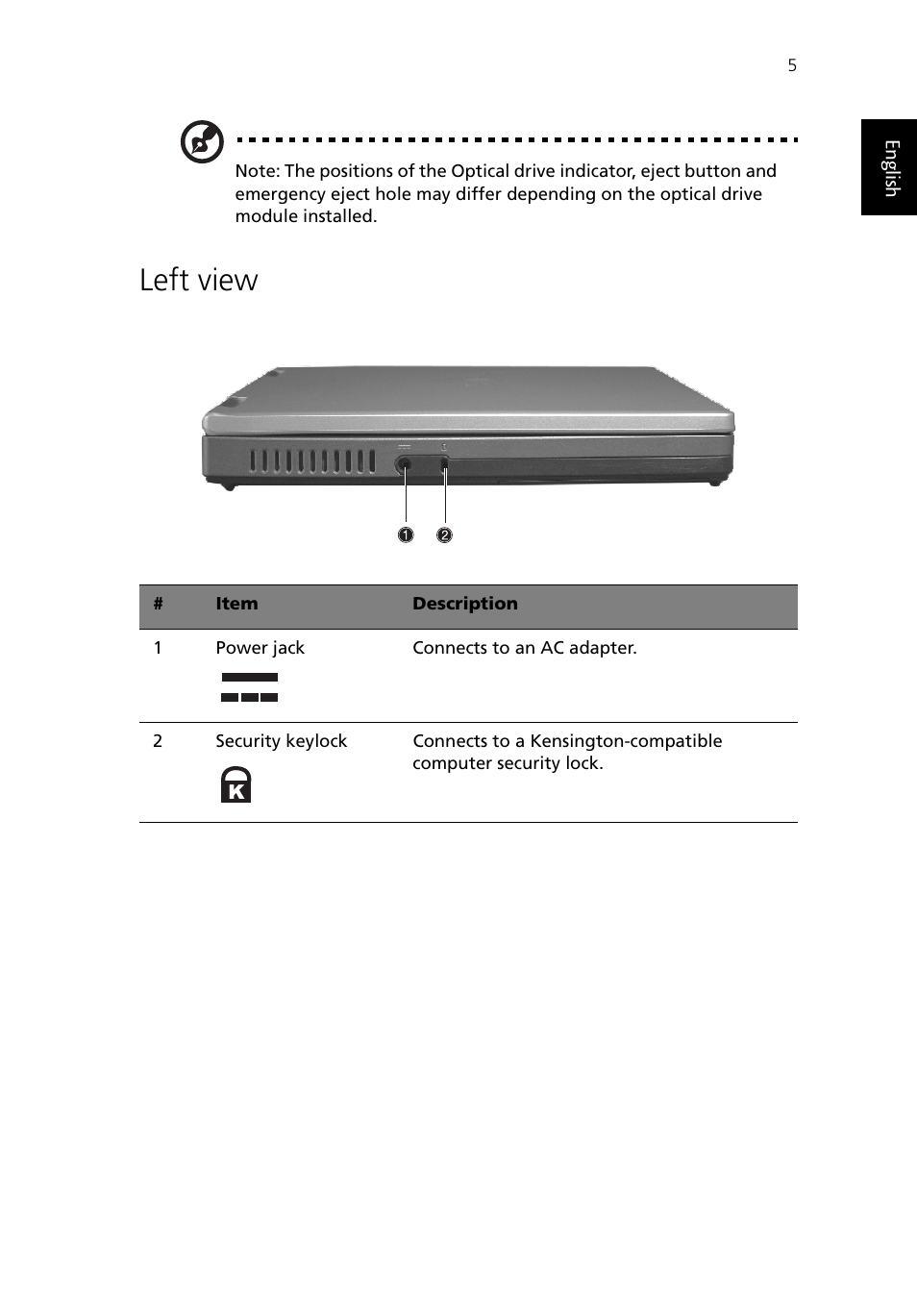 Left view | Acer TravelMate 430 User Manual | Page 13 / 80