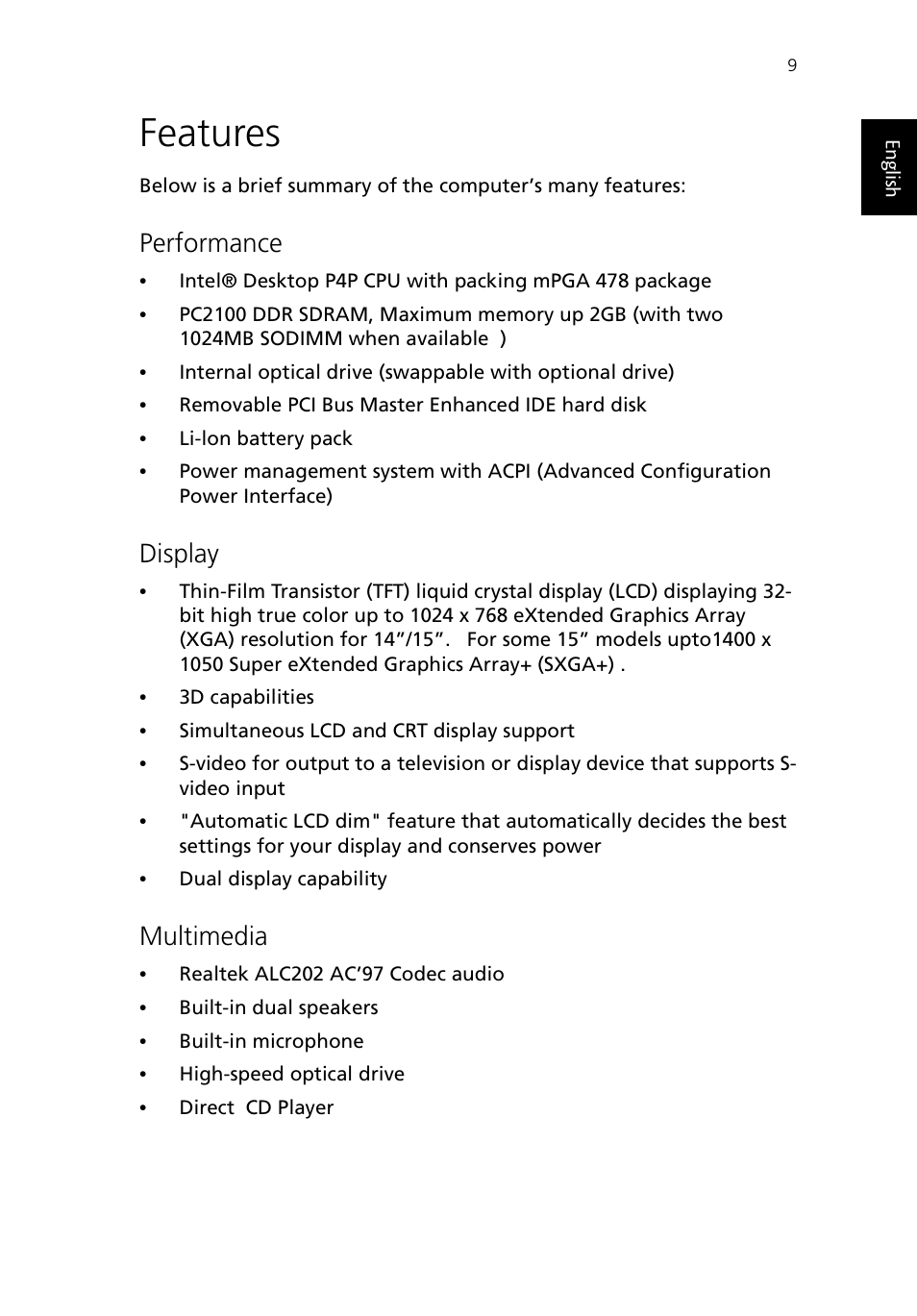 Features, Performance, Display | Multimedia | Acer TravelMate 430 User Manual | Page 17 / 80