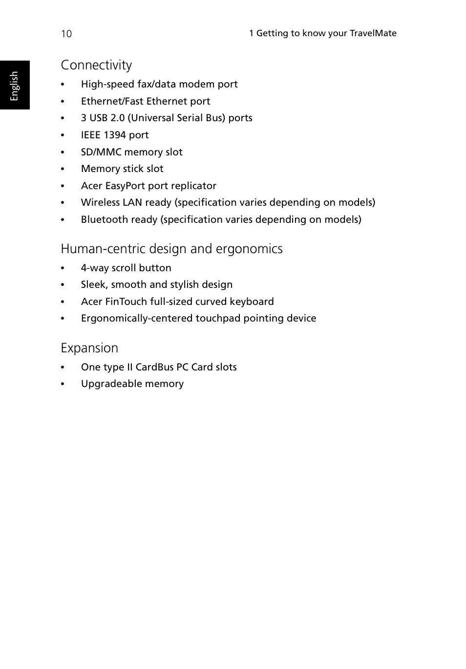 Connectivity, Human-centric design and ergonomics, Expansion | Acer TravelMate 430 User Manual | Page 18 / 80