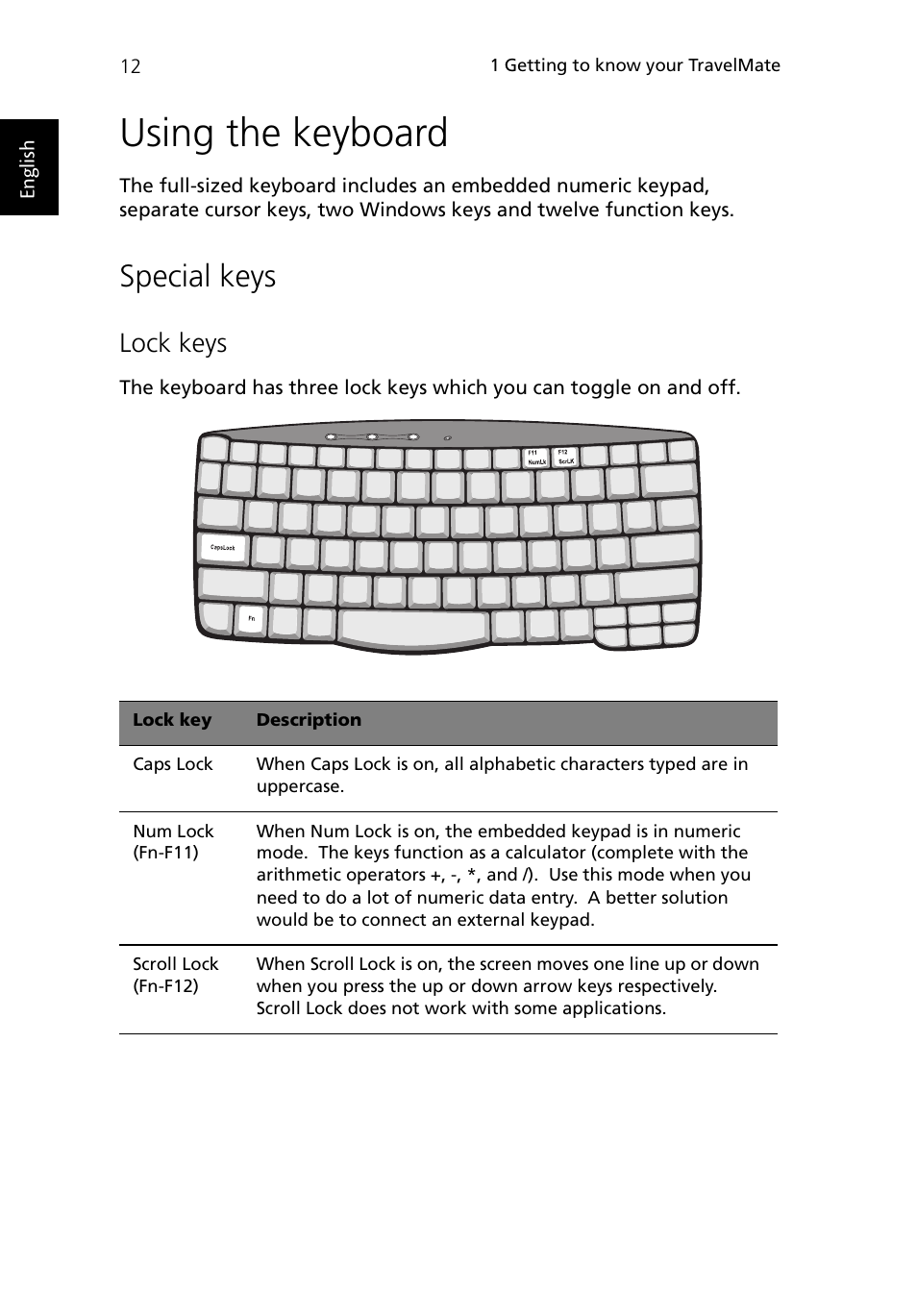 Using the keyboard, Special keys, Lock keys | Acer TravelMate 430 User Manual | Page 20 / 80