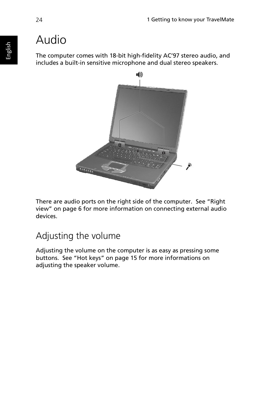 Audio, Adjusting the volume | Acer TravelMate 430 User Manual | Page 32 / 80