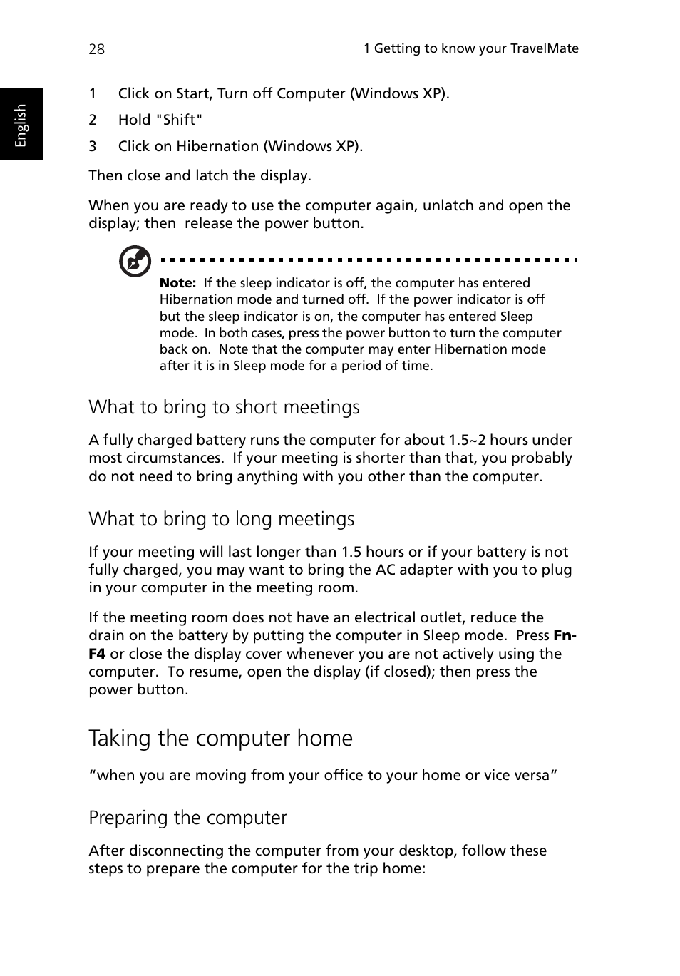 Taking the computer home, What to bring to short meetings, What to bring to long meetings | Preparing the computer | Acer TravelMate 430 User Manual | Page 36 / 80