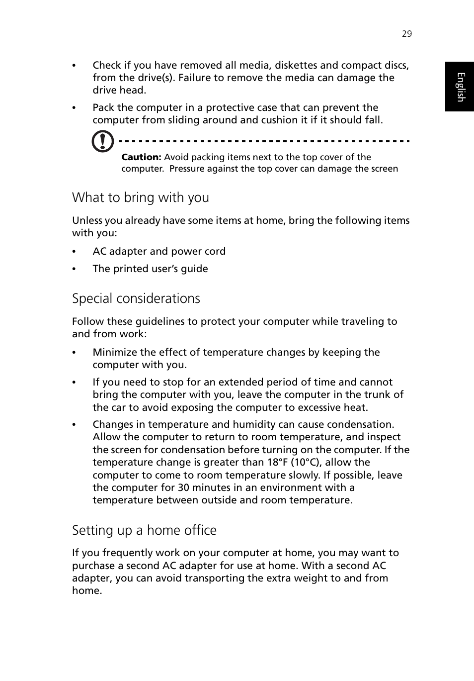 What to bring with you, Special considerations, Setting up a home office | Acer TravelMate 430 User Manual | Page 37 / 80