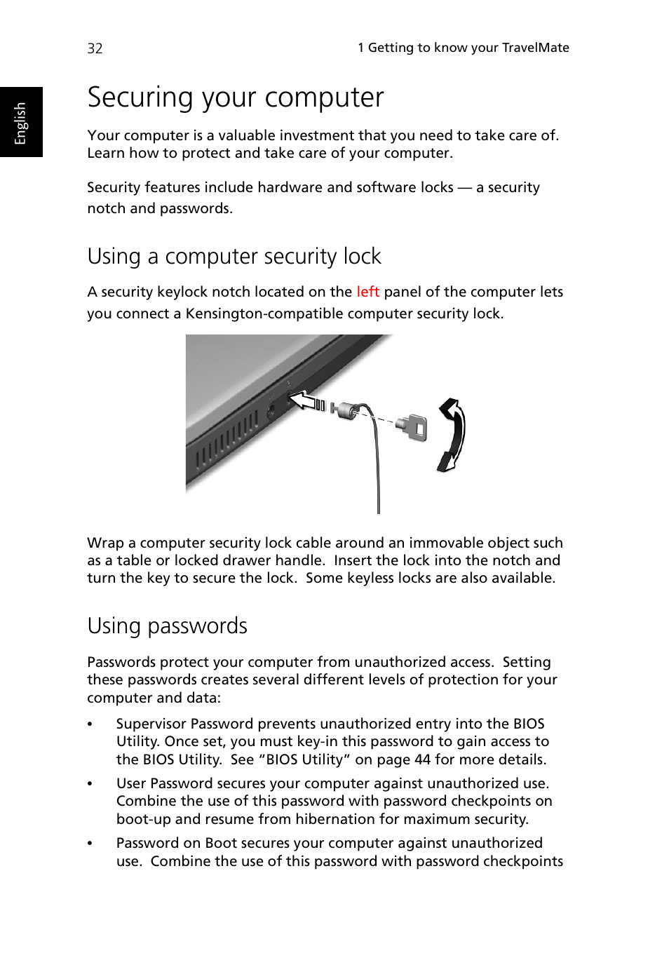 Securing your computer, Using a computer security lock, Using passwords | Acer TravelMate 430 User Manual | Page 40 / 80