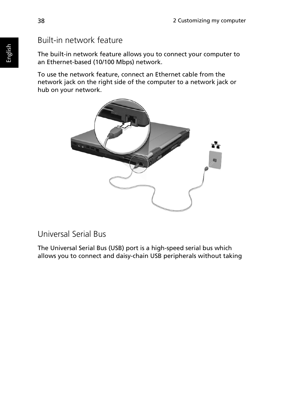 Built-in network feature, Universal serial bus | Acer TravelMate 430 User Manual | Page 46 / 80