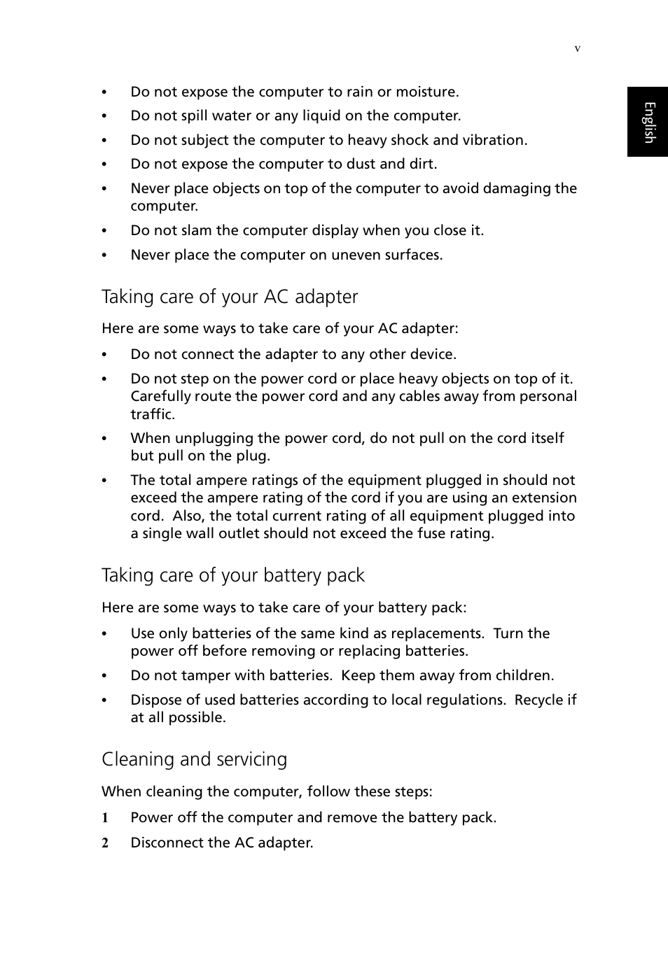 Taking care of your ac adapter, Taking care of your battery pack, Cleaning and servicing | Acer TravelMate 430 User Manual | Page 5 / 80