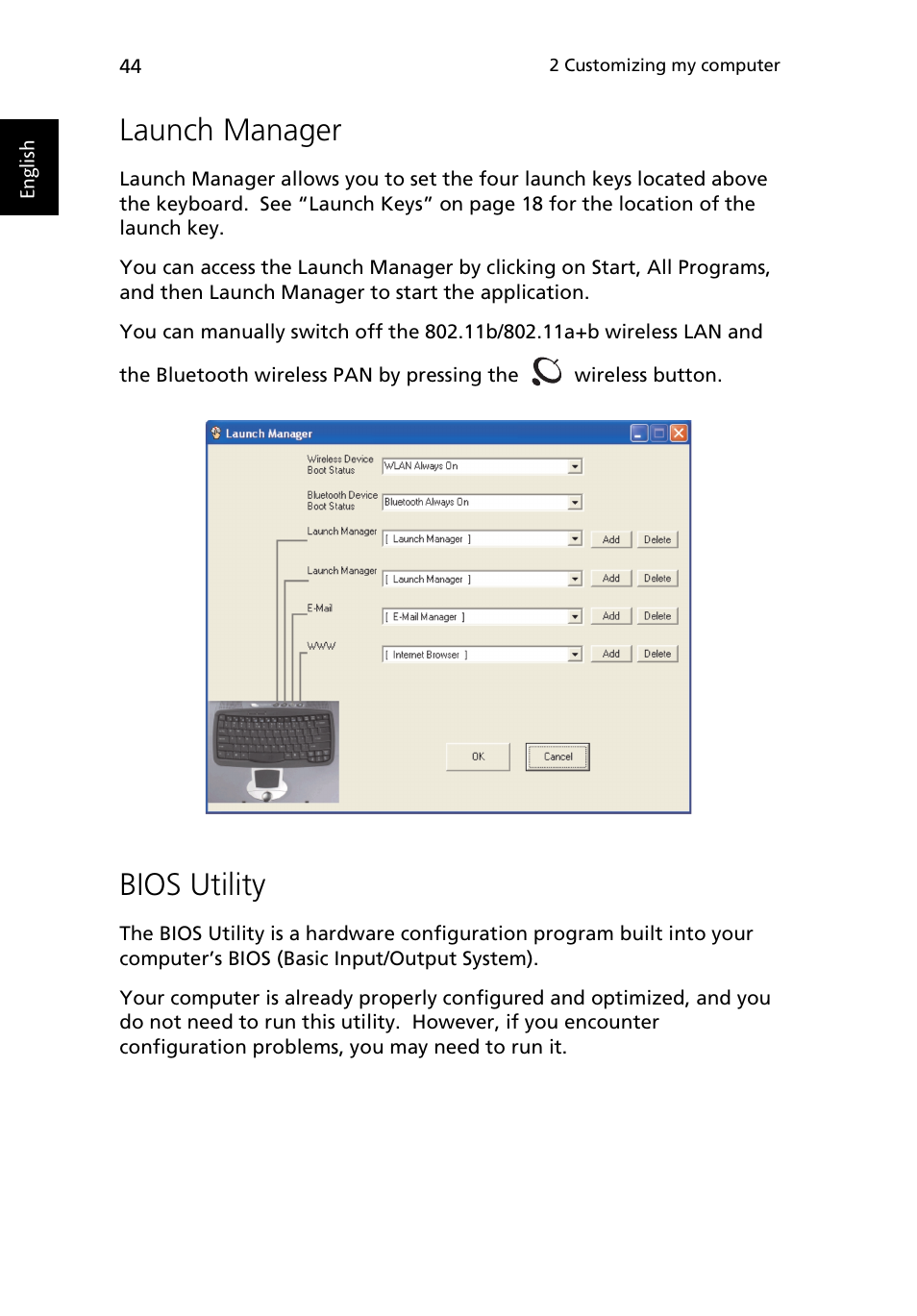 Launch manager, Bios utility | Acer TravelMate 430 User Manual | Page 52 / 80