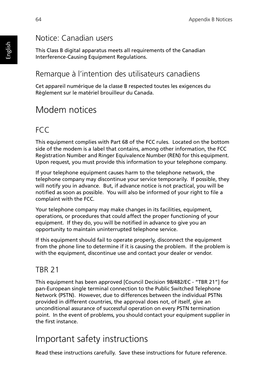 Modem notices, Important safety instructions, Notice: canadian users | Remarque à l’intention des utilisateurs canadiens, Tbr 21 | Acer TravelMate 430 User Manual | Page 72 / 80